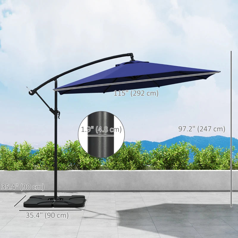 9.6ft Offset Patio Umbrella Garden Hanging Parasol Banana Cantilever Umbrella with Base, Crank, Navy Blue