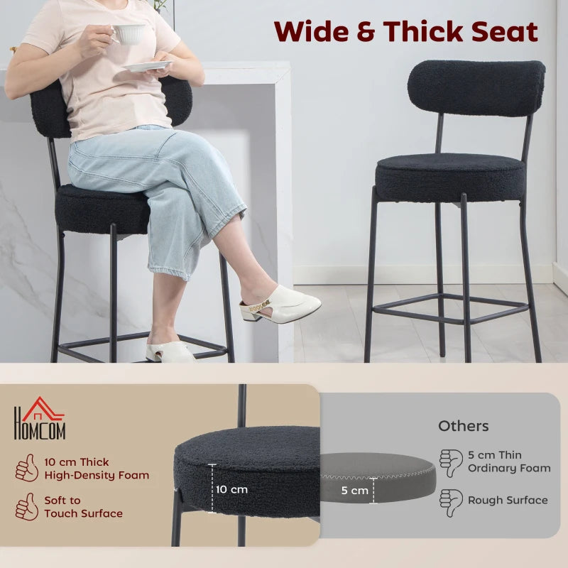 Set of 2 Barstools, Upholstered Bar Stools with Backrest, Footrest for Kitchen Island, Dining Room, Black
