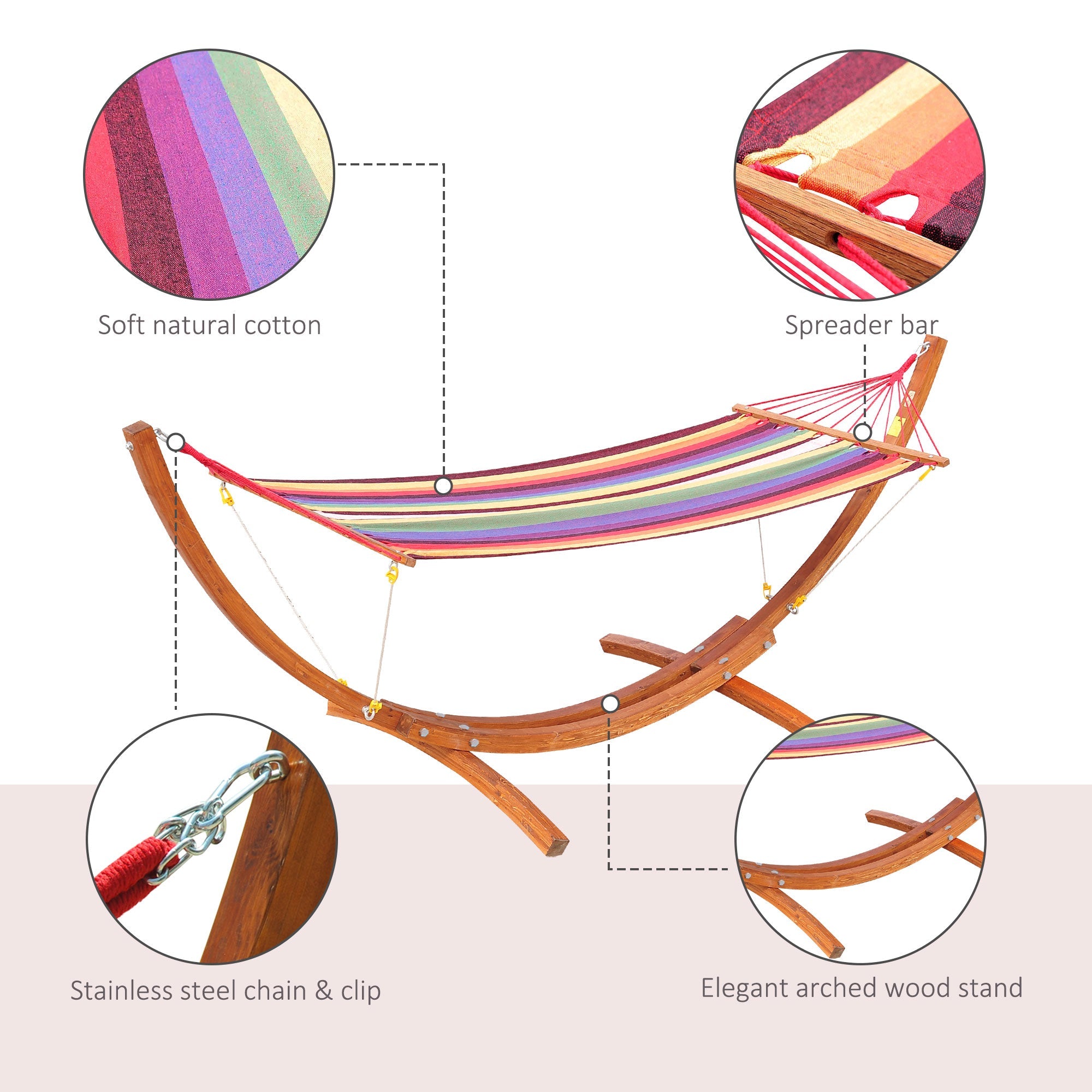 Outsunny 10' Outdoor Swing Hammock, Hammock with Wood Stand Rainbow Bed, Heavy Duty Roman Arc Hammock, Multi Color 