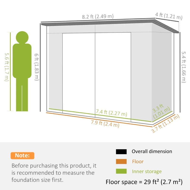 8 x 4FT Galvanized Garden Storage Shed, Metal Outdoor Shed with Double Doors and 2 Vents, Light Grey
