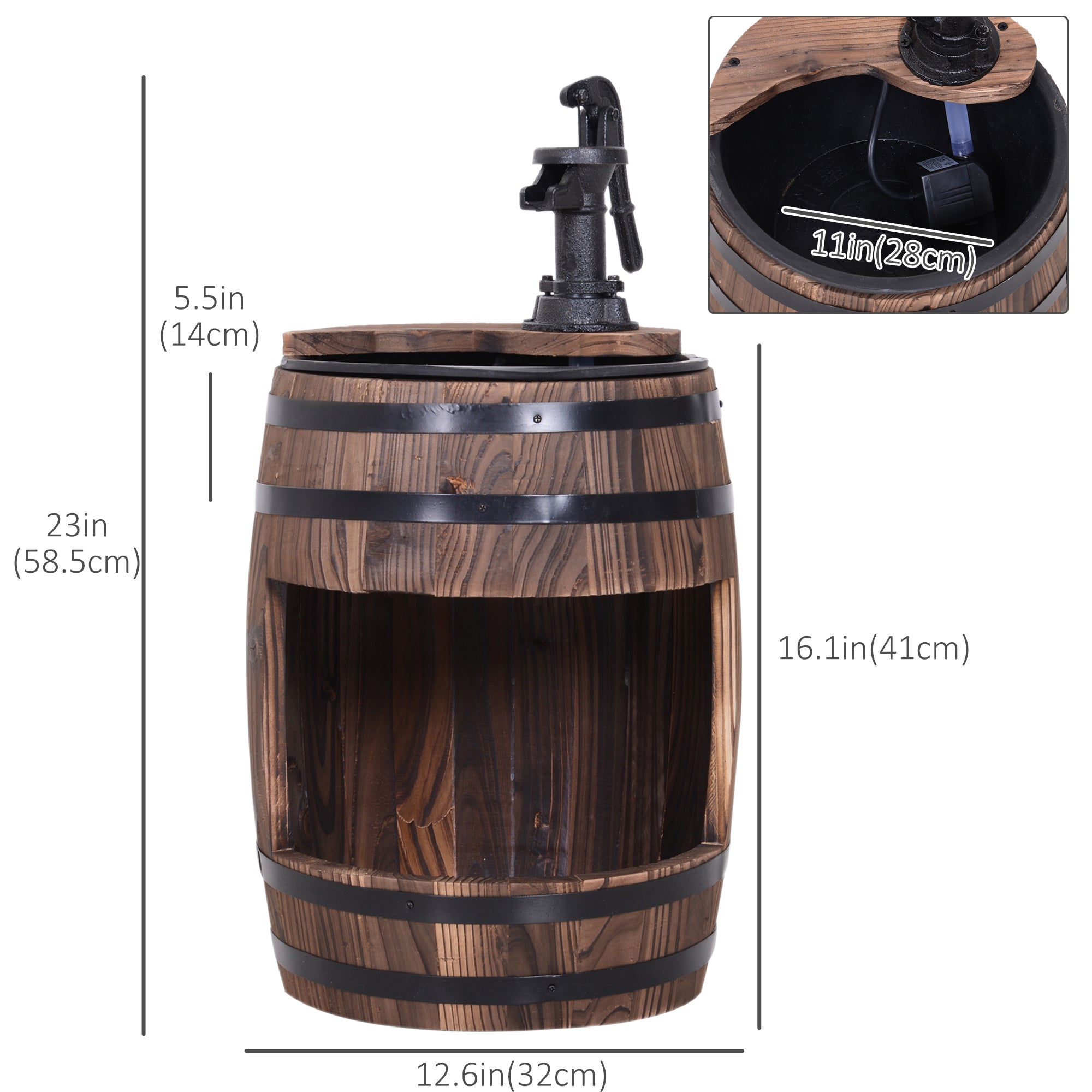 Outsunny Barrel Water Fountain, Wooden Electric Outdoor Feature with Pump, Carbonized for Patio & Backyard 