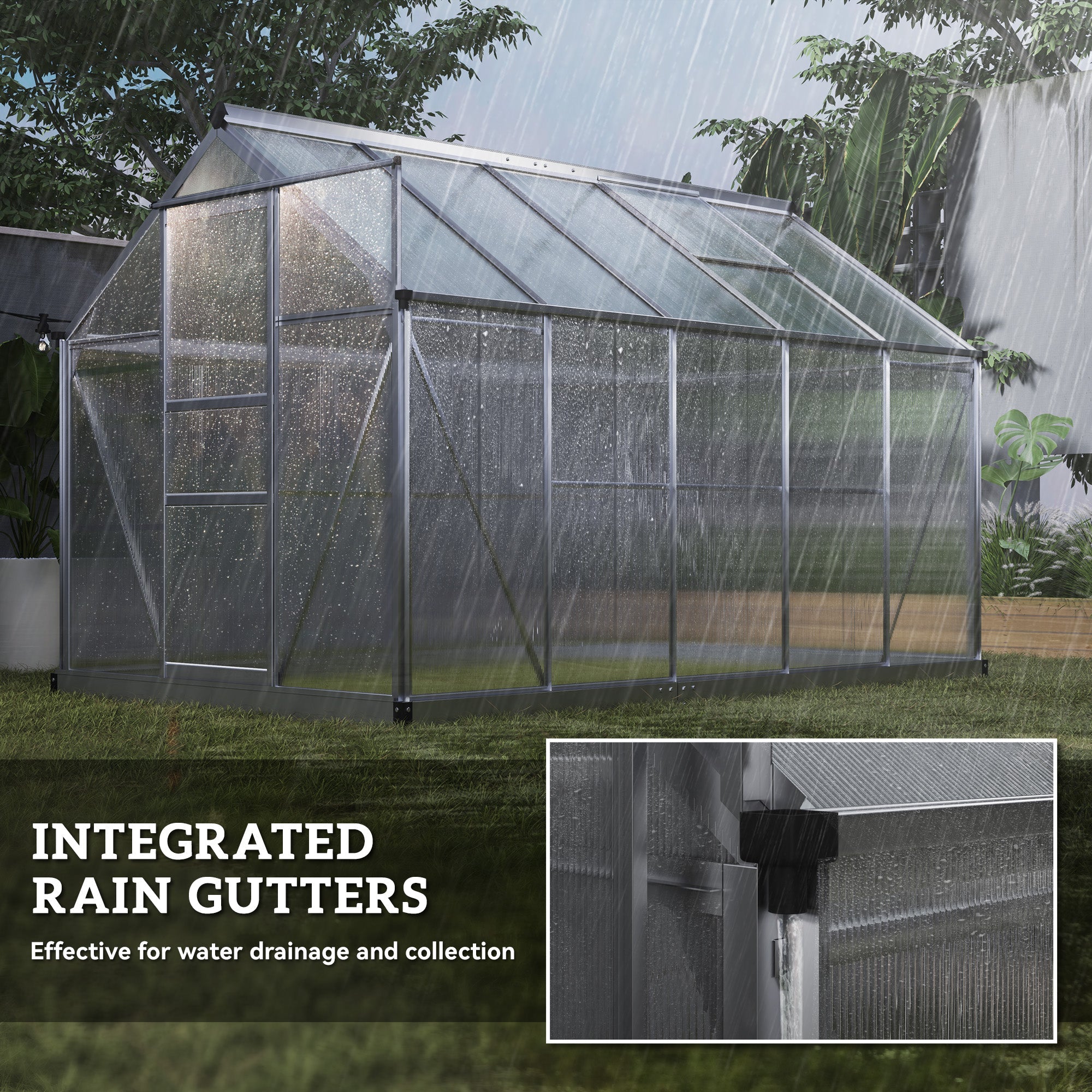 Outsunny 6' x 10' x 6.6' Polycarbonate Greenhouse, Walk-In Green House Kit Garden, Plants Grow, Galvanized Sheet Aluminum Frame with Rain Gutter, Vents and Sliding Door, Sliver 