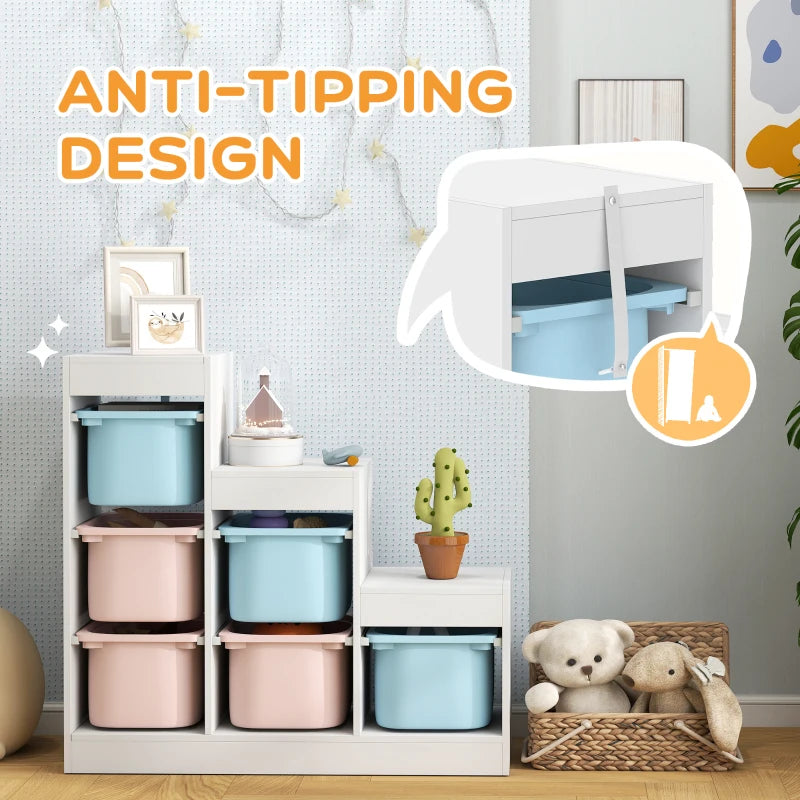 Qaba 3 Layers Toy Storage Organizer Kids Bookshelf Children Toy Storage w/ 6 Plastic Bins, Blue & Pink