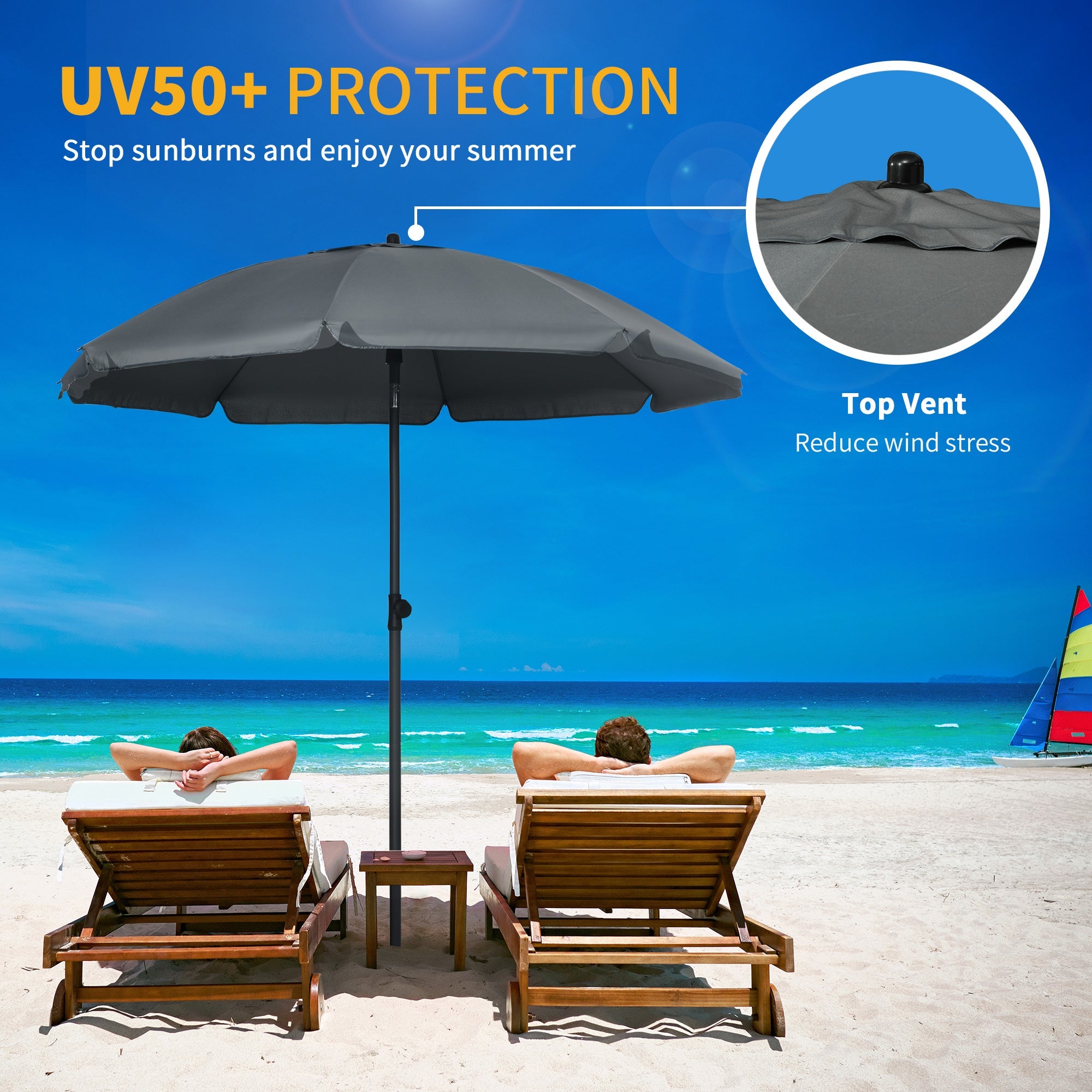 Outsunny 6FT Beach Umbrella Shade: UV50+ Vented Canopy Push Button Tilt Ruffled Dark Grey 