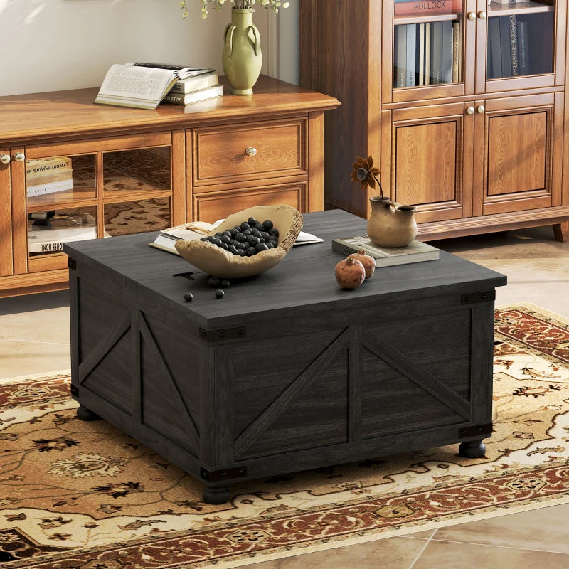 Coffee Table with Lift Top, 32" Farmhouse Center Table with Hidden Compartment for Living Room, Black Wood Grain