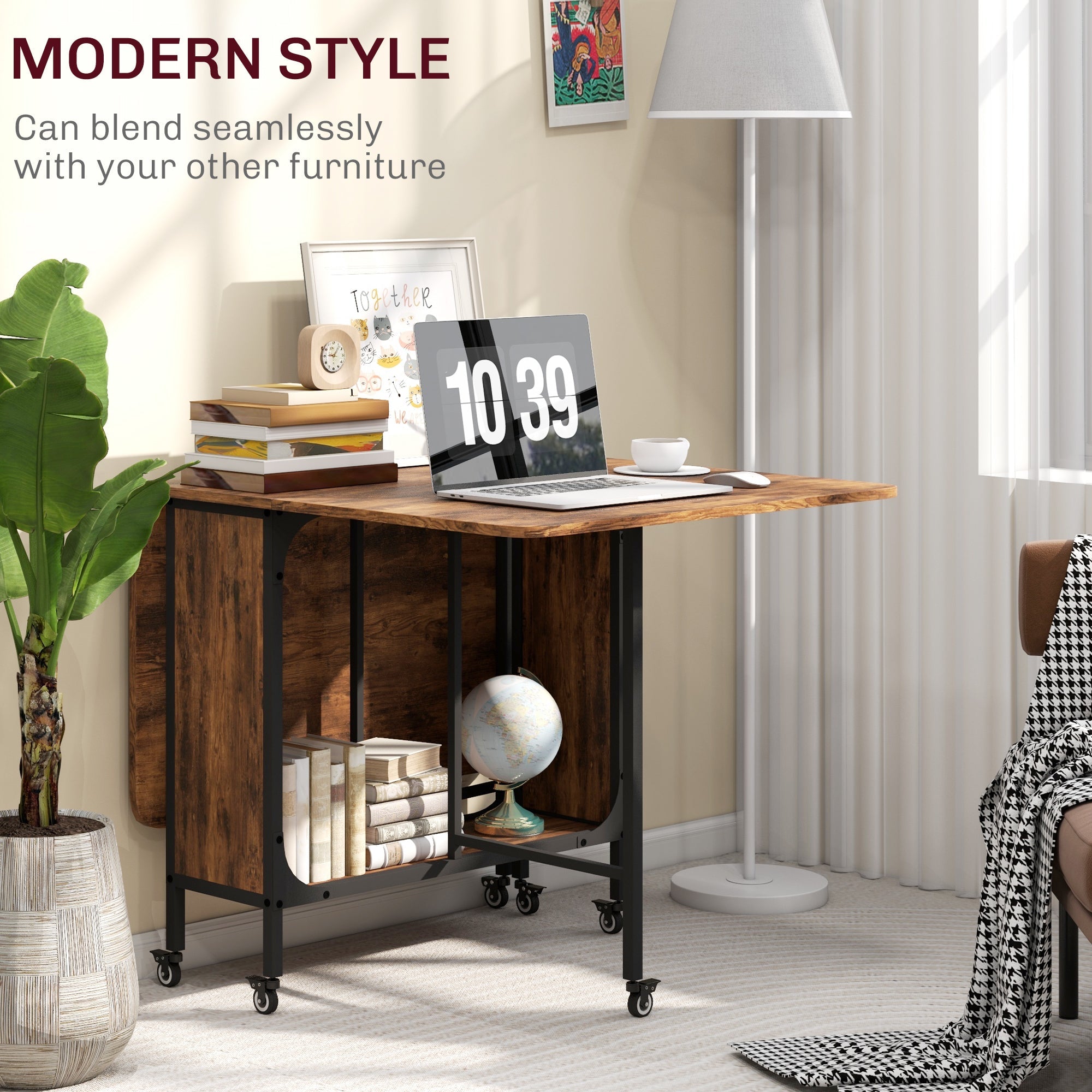 HOMCOM Folding Dining Table, Extendable Kitchen Table for Small Spaces with Storage Shelf and 6 Wheels, Rustic Brown 