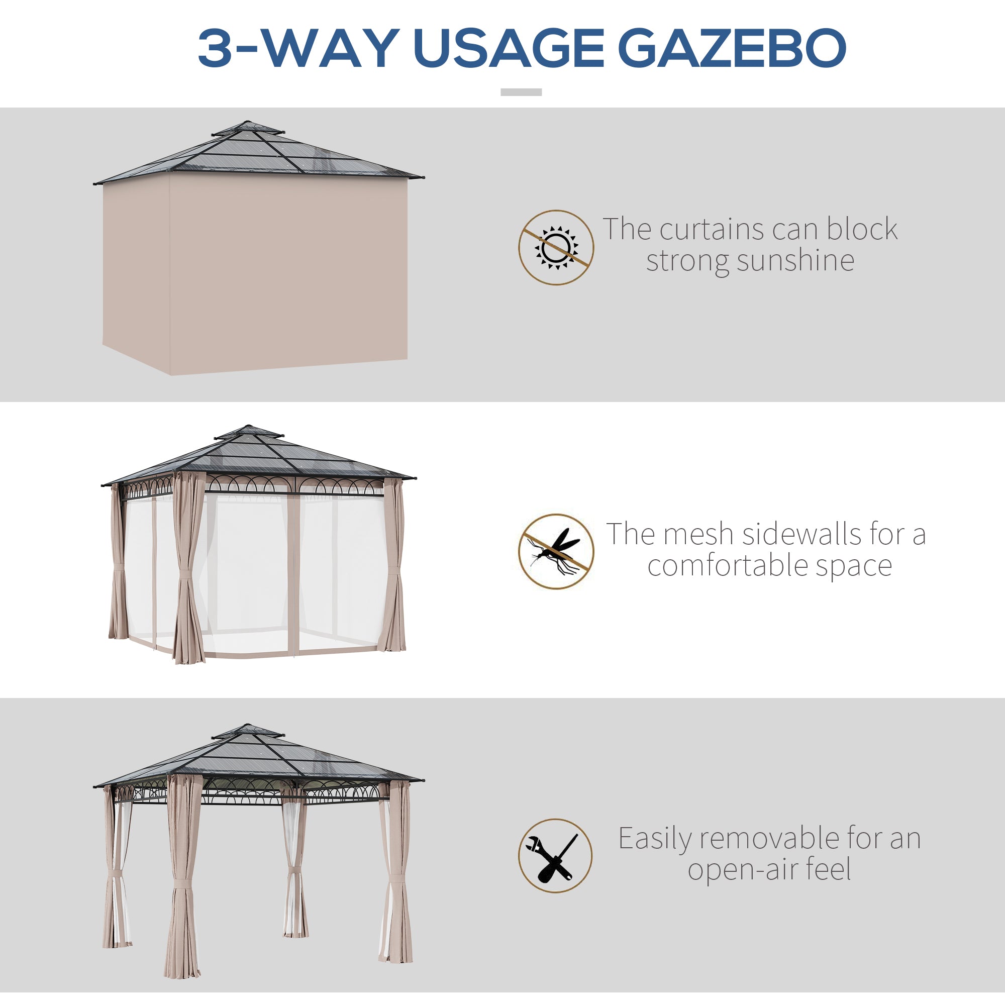 Outsunny 9' x 10' Outdoor Hardtop Gazebo Canopy w/ Double PC Roof, Steel Frame, Nettings, Curtains for Garden Lawn Deck, Khaki 