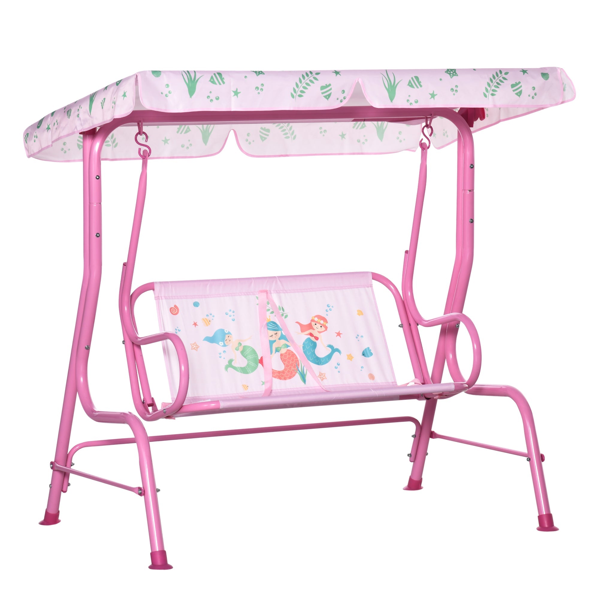 Outsunny 2-Seat Kid Swing with Canopy Mermaid Pattern Pink Outdoor Patio Chair Adjustable Awning 
