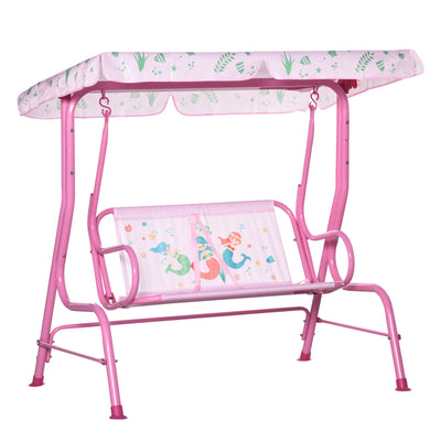 Outsunny 2-Seat Kid Swing with Canopy Mermaid Pattern Pink Outdoor Patio Chair Adjustable Awning 
