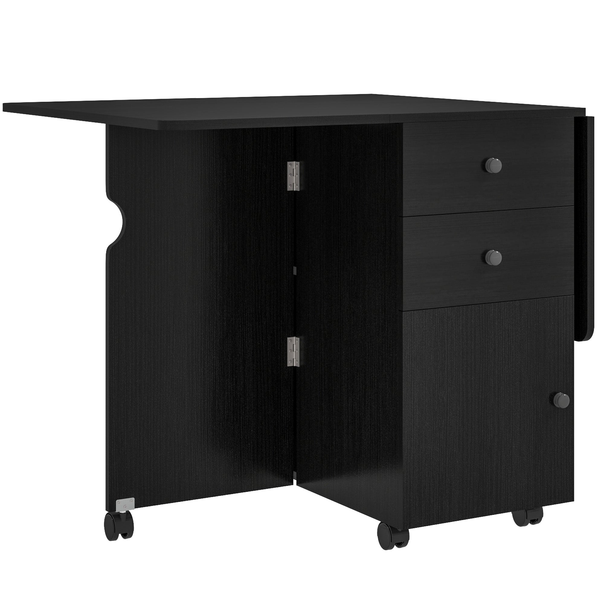 HOMCOM Extendable Dining Table, Drop Leaf Table with 2 Drawers, Cabinet and 6 Wheels for Small Spaces, Kitchen, Black Wood Grain 