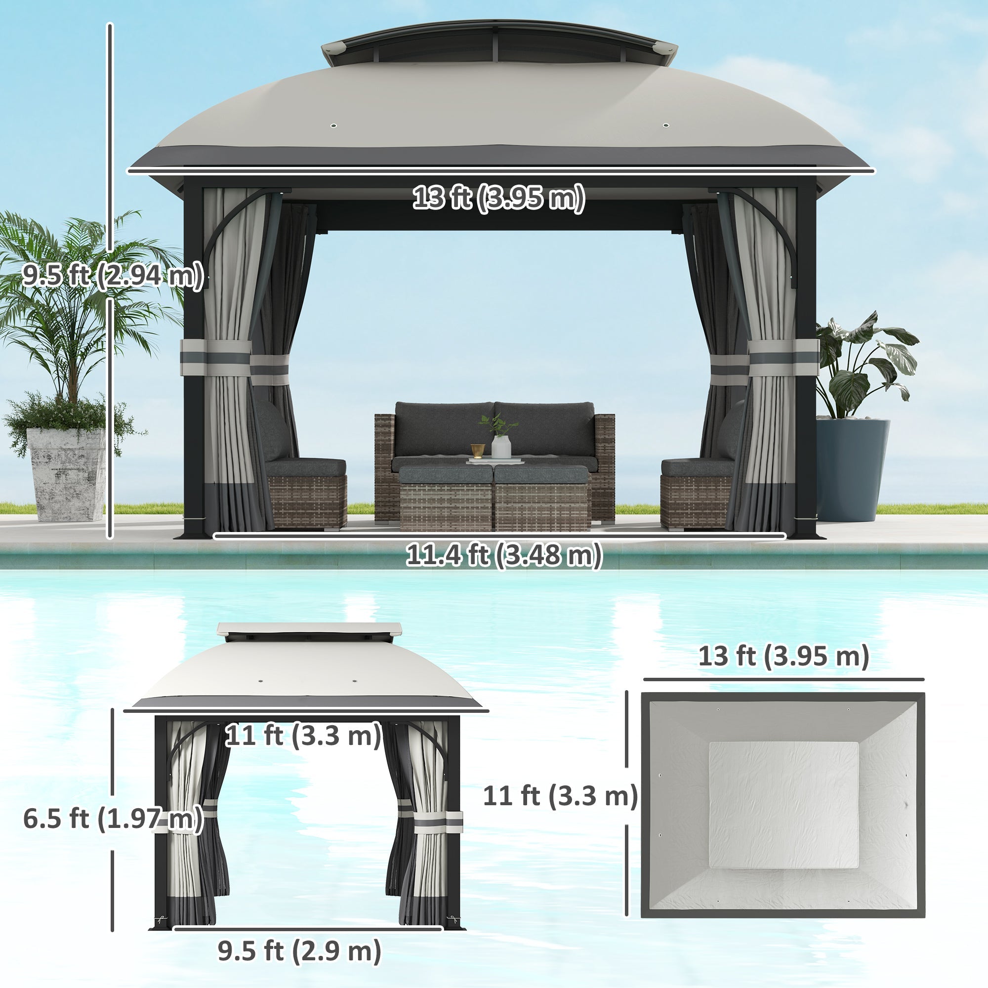 Outsunny 11' x 13' Patio Gazebo, Double Roof Outdoor Gazebo Canopy with Netting & Curtains, Galvanized Metal Frame, Light Grey 