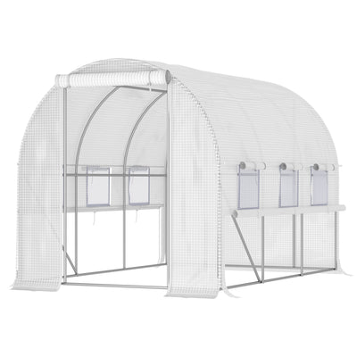 Outsunny 10'x6.6'x6.6' Walk-In Tunnel Greenhouse PE Cover Zipper Doors Roll-Up Side Cover Mesh Windows White 
