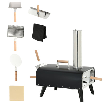 Outsunny Wood Fired Pizza Oven Stainless Steel Pizza Maker with Foldable Legs and Waterproof Cover, Black 