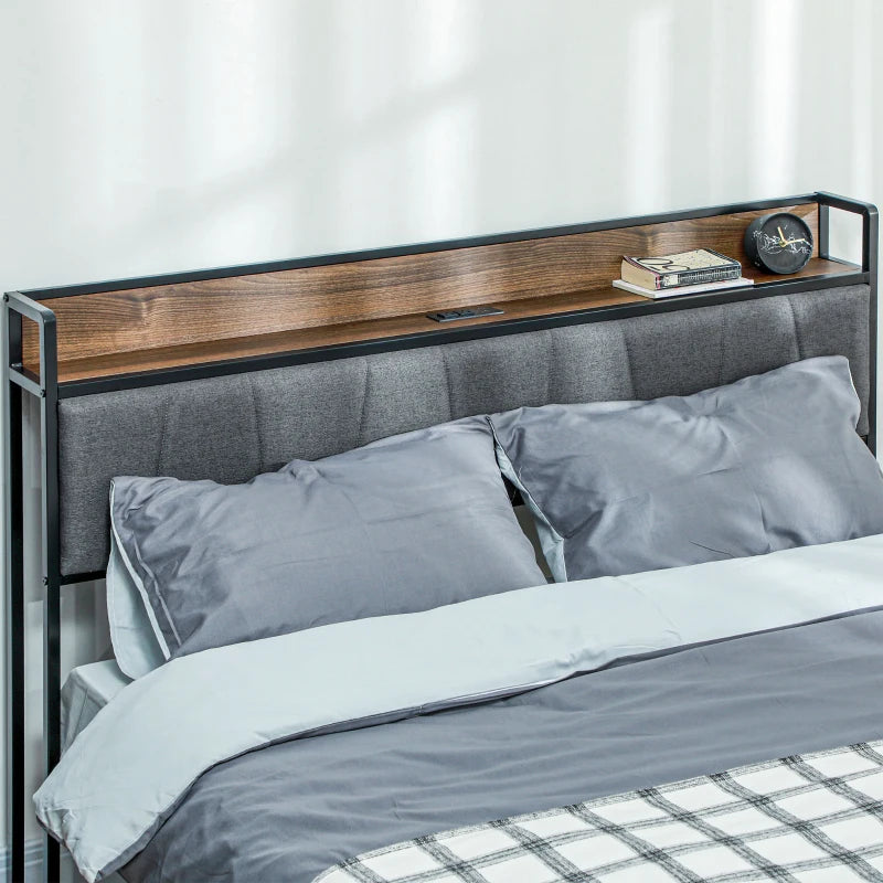 Queen Size Bed Frame with Charging Station, Queen Bed Frame with Upholstered Headboard and Storage Shelf, Walnut