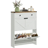 Narrow Shoe Storage Cabinet, Farmhouse Shoe Cabinet with 2 Flip Drawers, 1 Drawer, 12 Pairs for Entryway, White