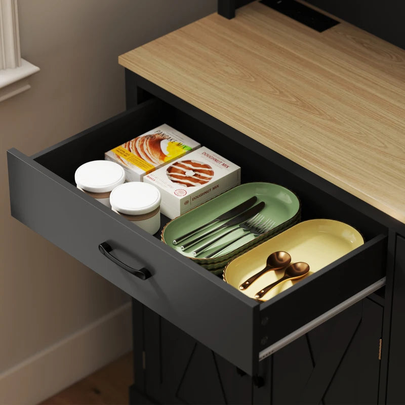 69" Pantry Cabinet with Charging Station, Kitchen Cabinet with Microwave Stand, Tilt-Out Trash Can Cabinet, Black