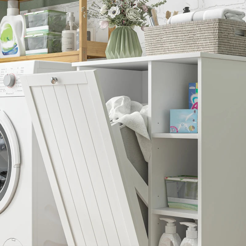 Laundry Cabinet with Removable Basket, Tilt Out Laundry Hamper with Adjustable Shelf and Open Compartments, White