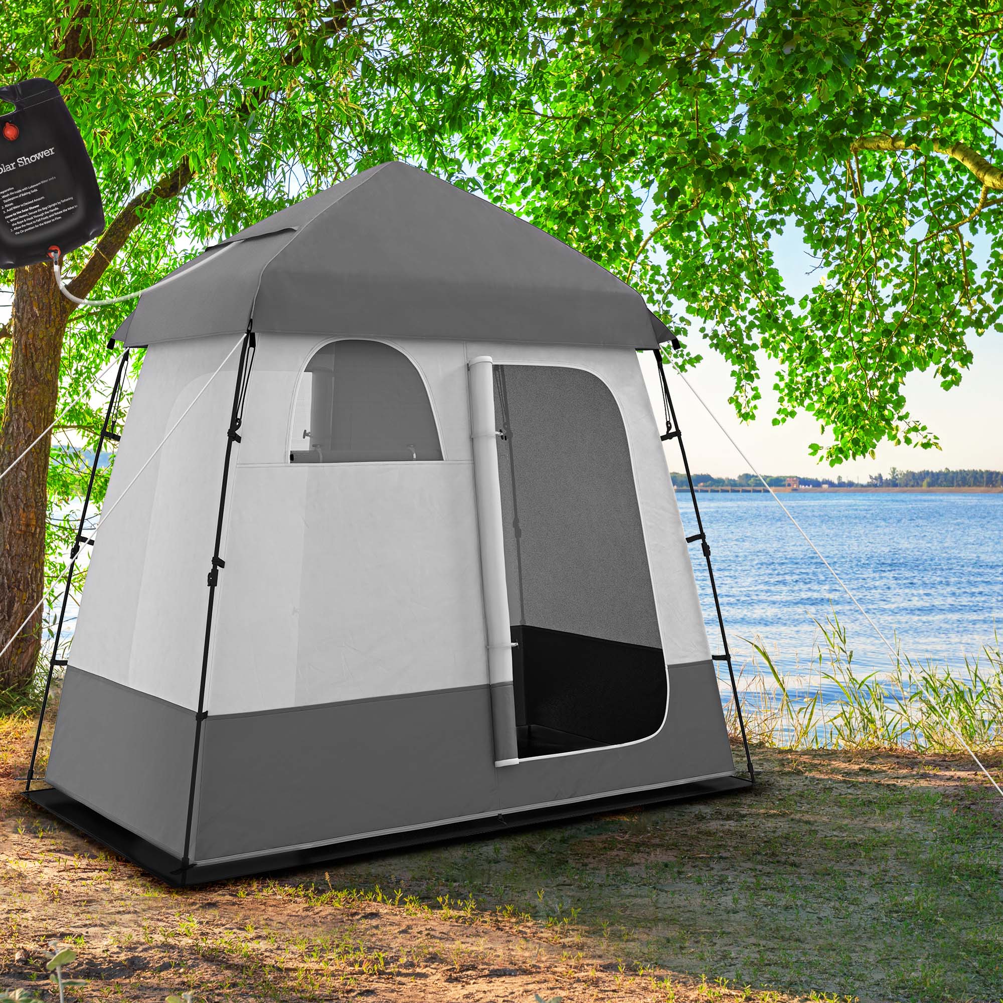 Outsunny Outdoor Portable Pop Up Shower Tent Changing Tent Privacy Enclosure with 2 Rooms, Shower Bag, Floor for Camping, Dark Grey 