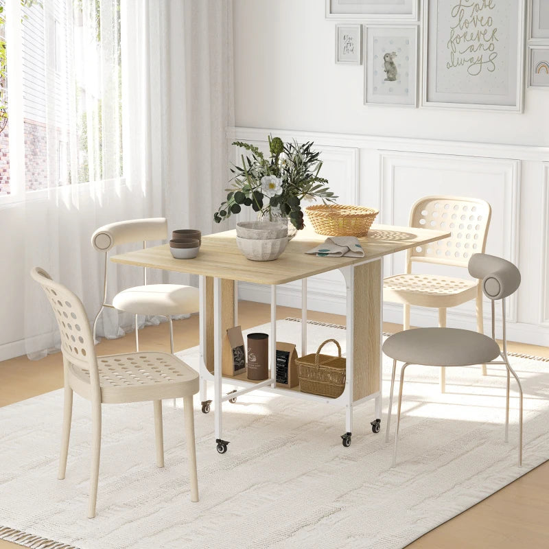 Folding Dining Table, Extendable Kitchen Table for Small Spaces with Storage Shelf and 6 Wheels, Natural Wood