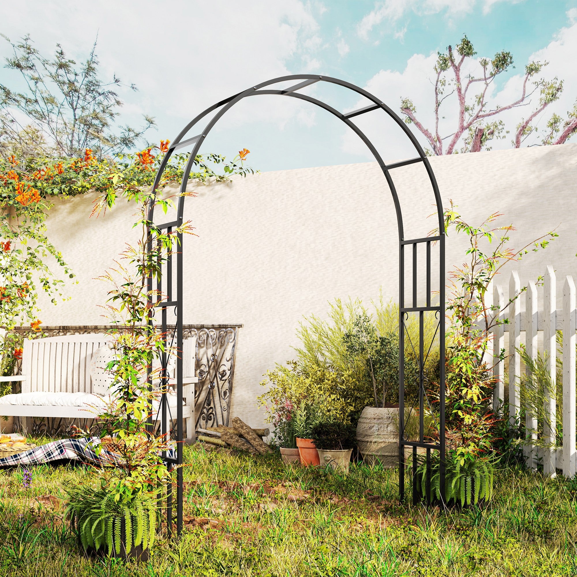 Outsunny 7.3ft Steel Garden Arch Trellis, Garden Arbor Trellis for Climbing Plants Roses Wisteria Vines, Flower Arch Wedding Arch Stand for Bridal Party Ceremony Decoration, Black 