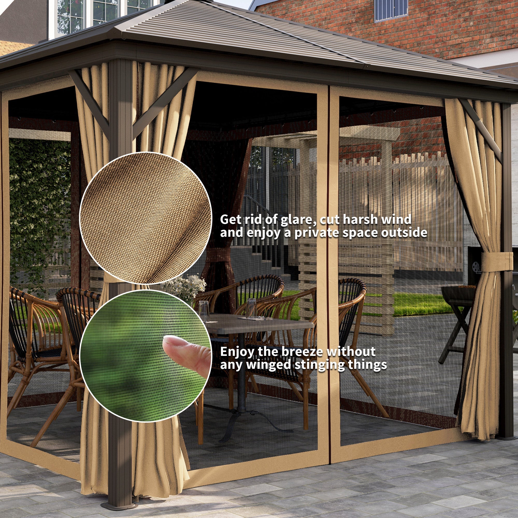 Outsunny 10' x 10' Hardtop Gazebo Outdoor Aluminum Gazebo Canopy with Mosquito Netting, Curtains, Hanging Hook, Brown 