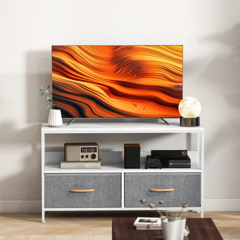 TV Stand with Charging Station, TV Table with 2 Foldable Linen Drawers and Open Shelf for 47 Inch Television, White