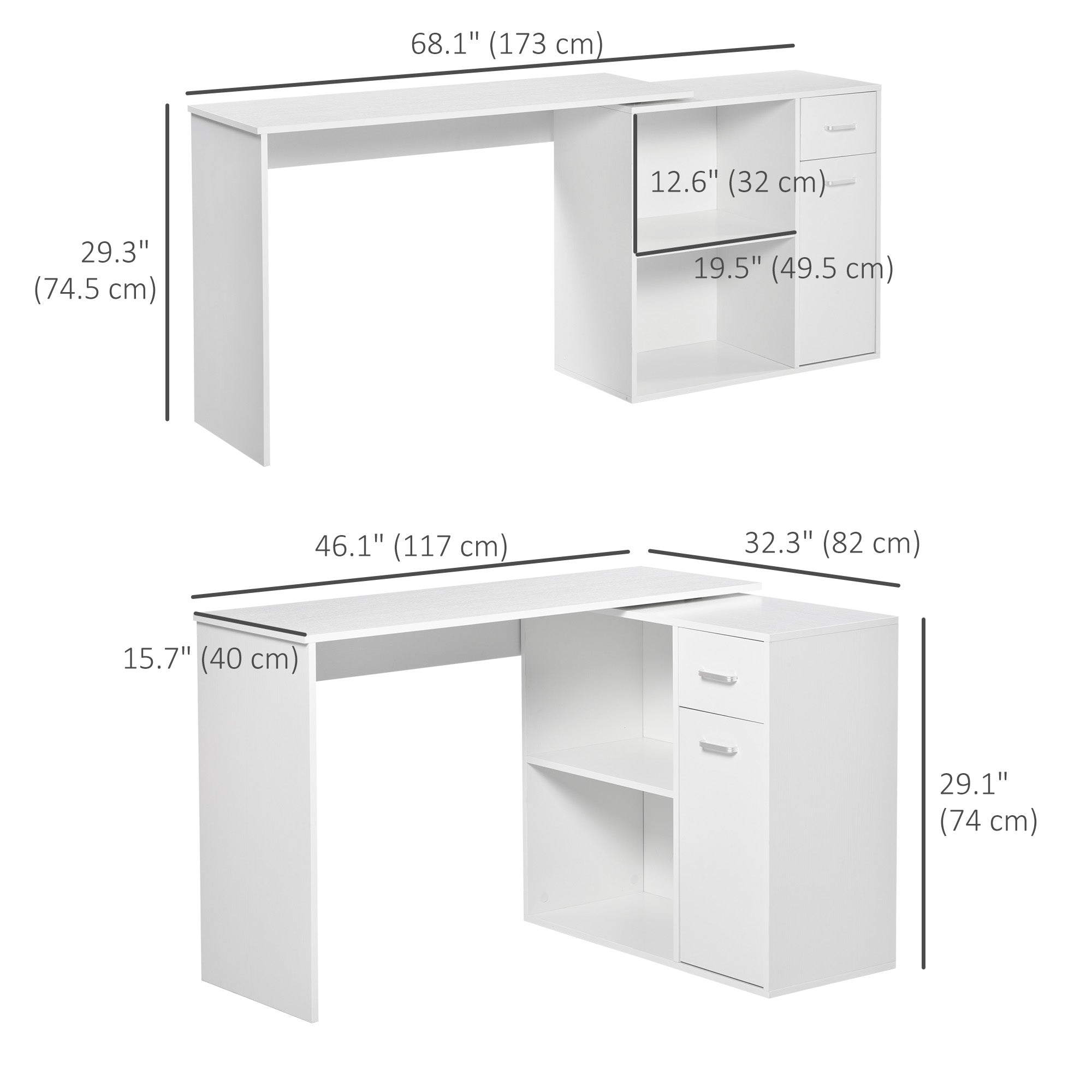 HOMCOM L Shaped Desk Corner Computer Table with Storage Cabinet Shelf Study Writing Home Office White 