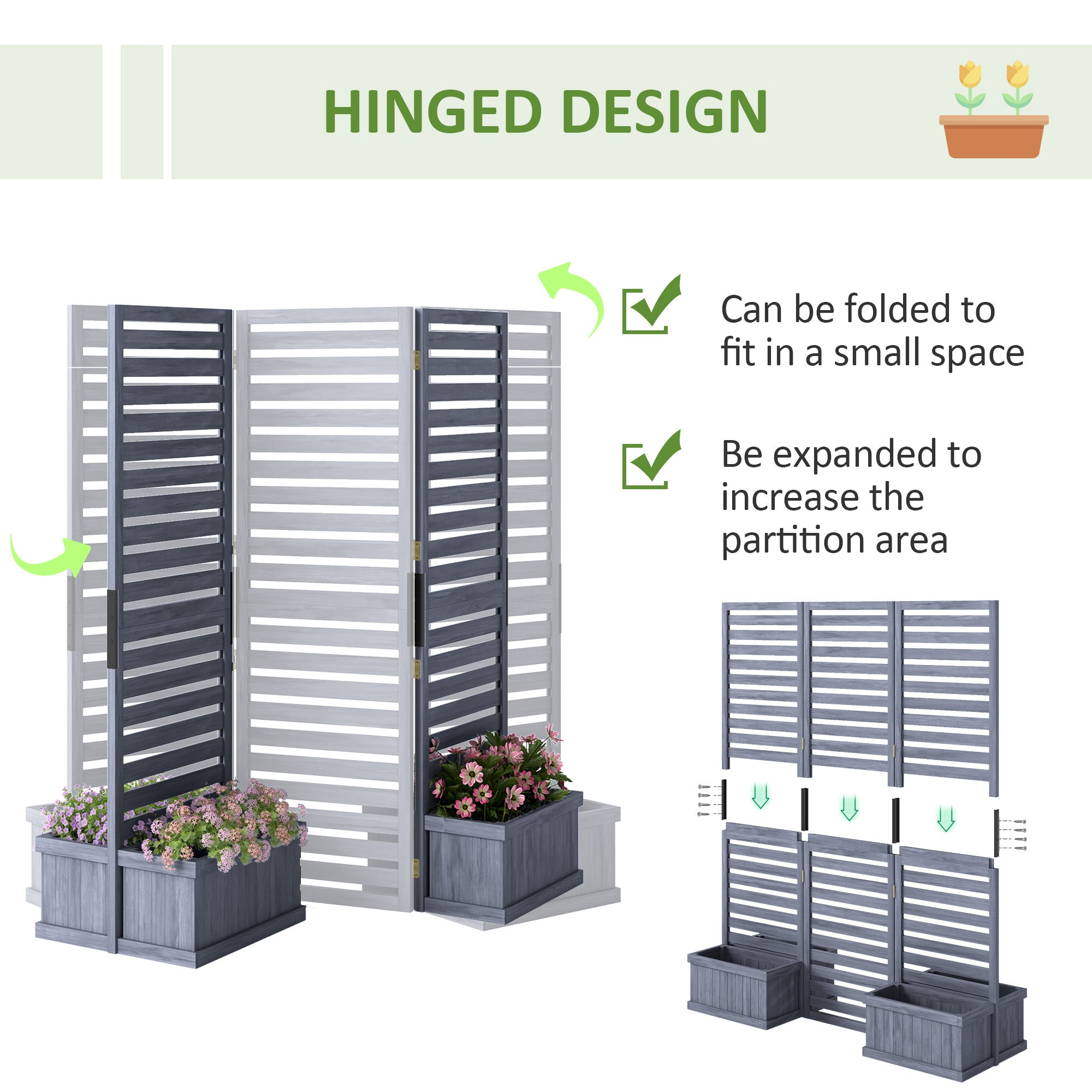 Outsunny Outdoor Privacy Screen Wood Privacy Panel with 4 Planter Boxes, Raised Bed with 3 Panels, Drainage Holes 