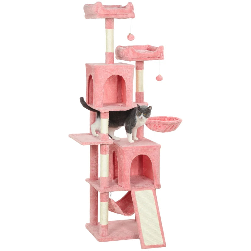 Cat Tree, 70" Multi-Level Cat Tower with 2 Condos, 2 Perches, Hammock, Toy Balls, Scratching Posts and Board, Pink