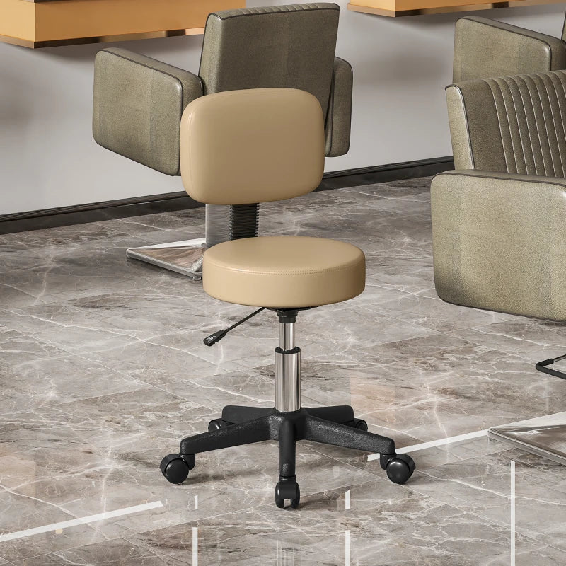 PU Leather Adjustable Rolling Stool, Round Swivel Drafting Stool with Back, Wheels, Light Brown