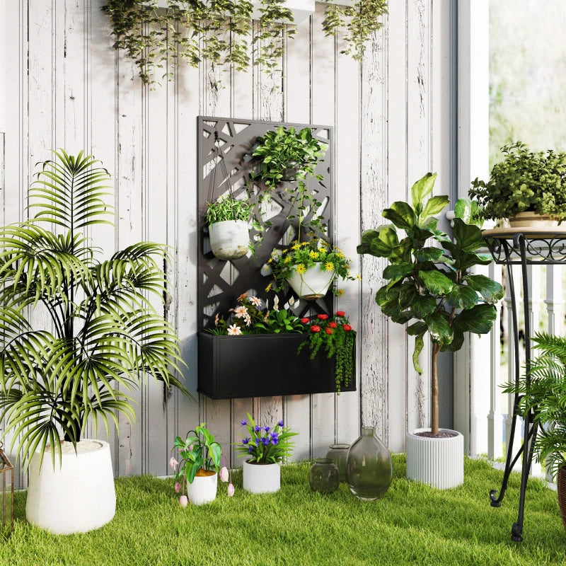 Raised Garden Bed with Trellis, Freestanding/Wall Mounted Metal Garden Box with Privacy Panel, Irregular Line Cut-Outs