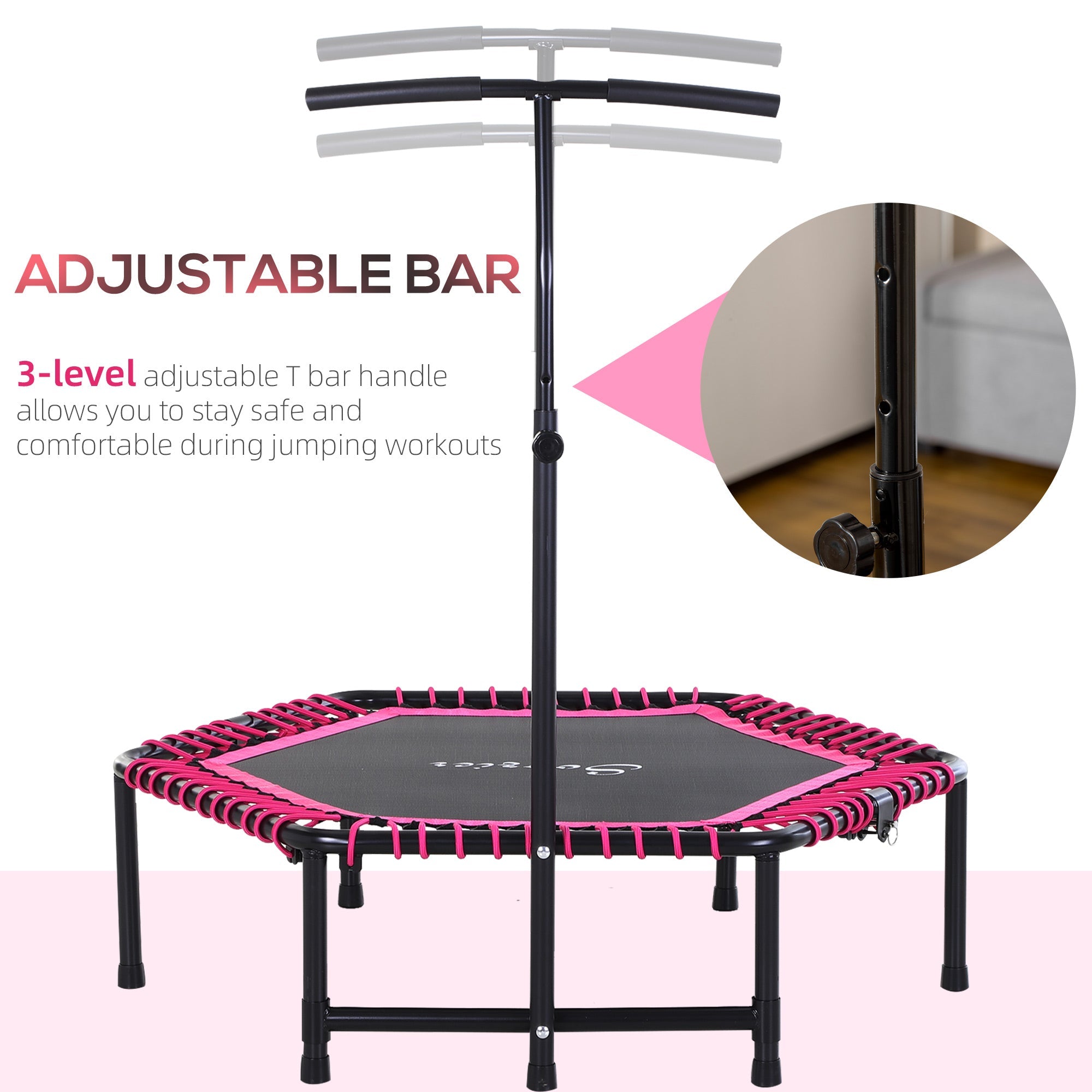 Soozier Hexagon Mini Trampoline 48" Adult Fitness Rebounder with Adjustable Handle Pink Cardio Trainer Outdoor Bouncer 