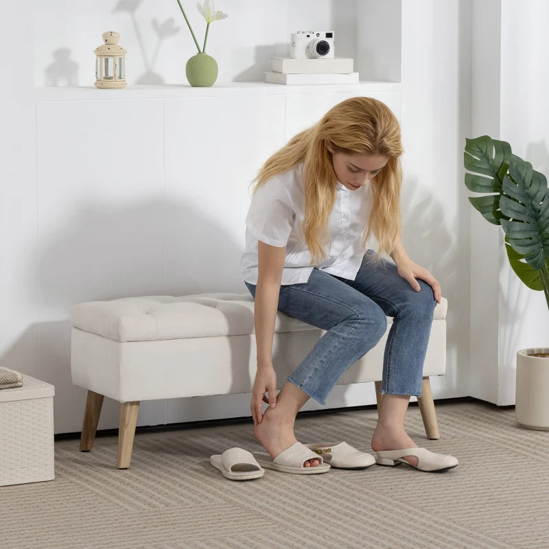 Storage Ottoman with Lid, Velvet Upholstered Storage Bench with Wood Legs for Living Room, Cream White