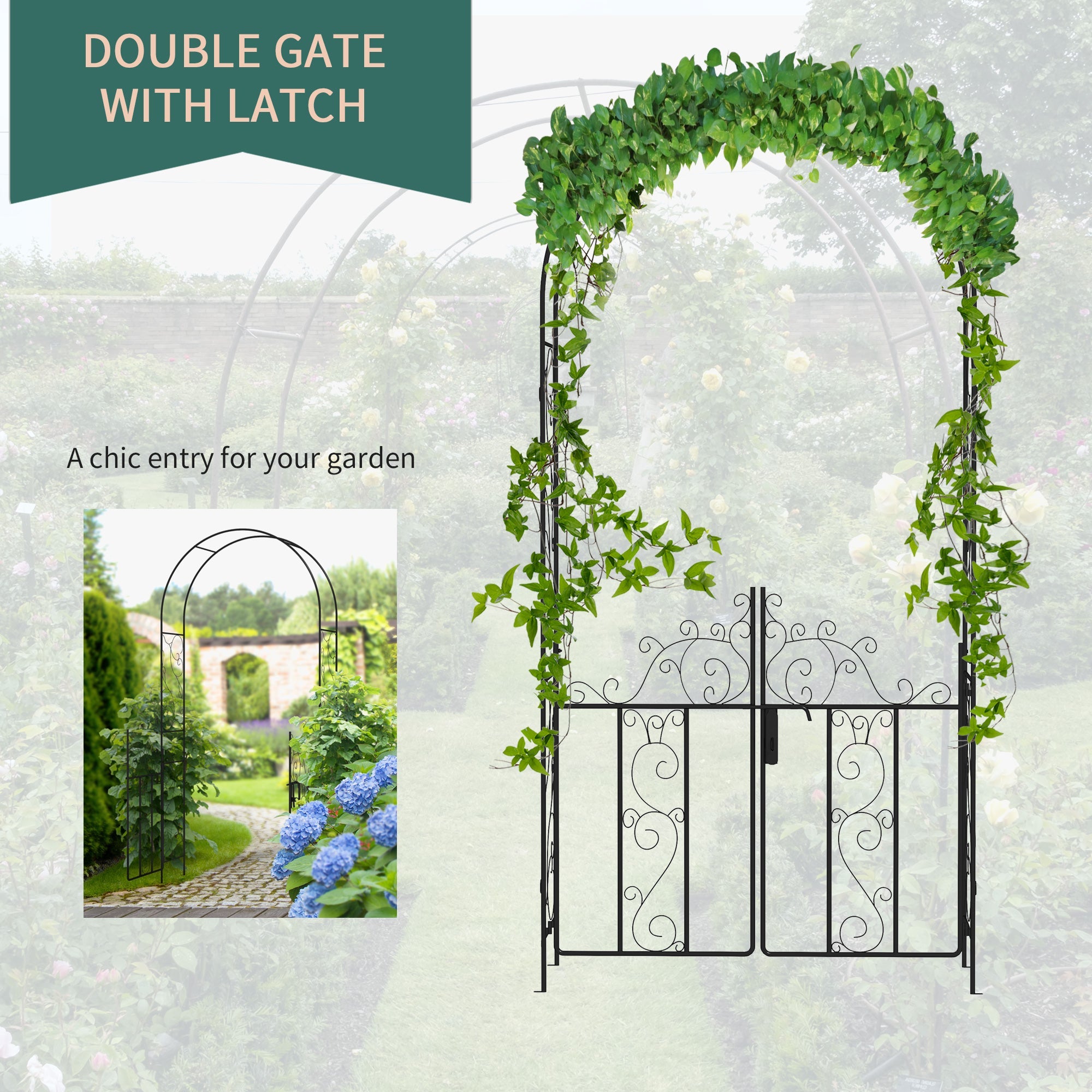 Outsunny Metal Garden Arch with Gate, Garden Arbor Trellis for Climbing Plants, Roses, Vines, Wedding Arch, Black 