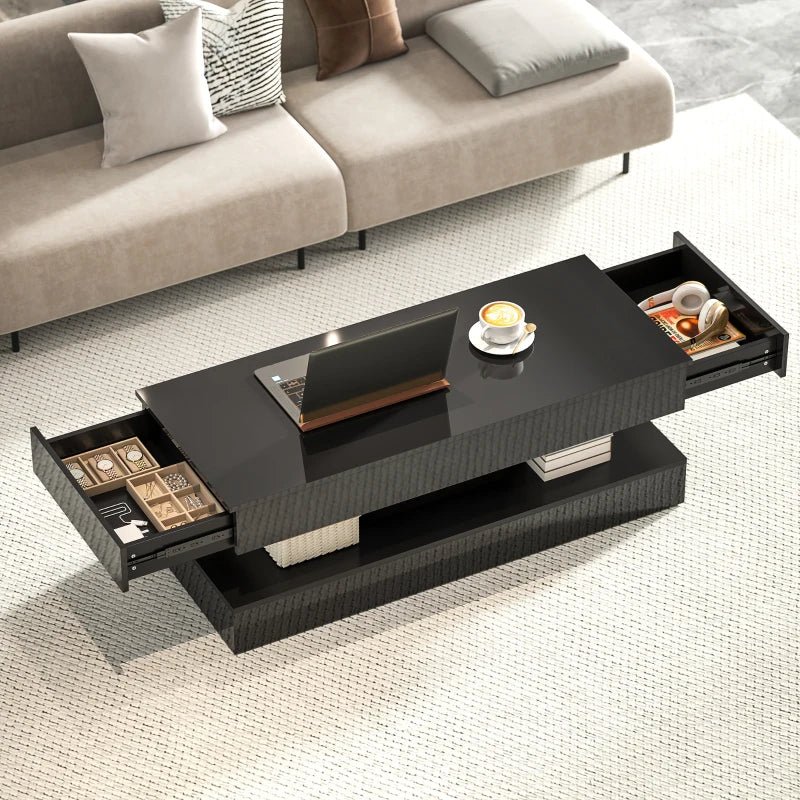 Coffee Table with Adjustable LED Lights, Modern Living Room Table with 2 Drawers, Open Shelf, Remote, High Gloss Black