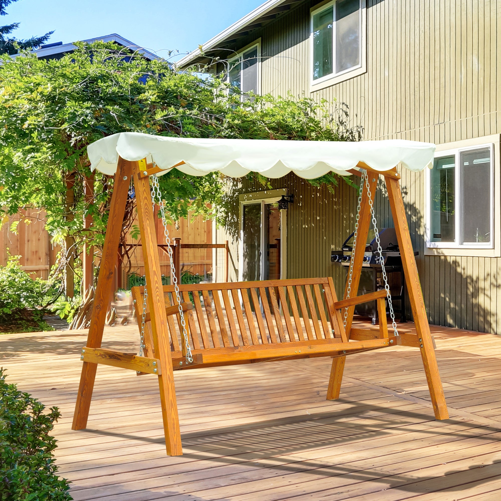 Outsunny 80" Patio Swing Chair with Canopy Outdoor Wooden Swing Bench Hammock for Garden, Poolside, Backyard 