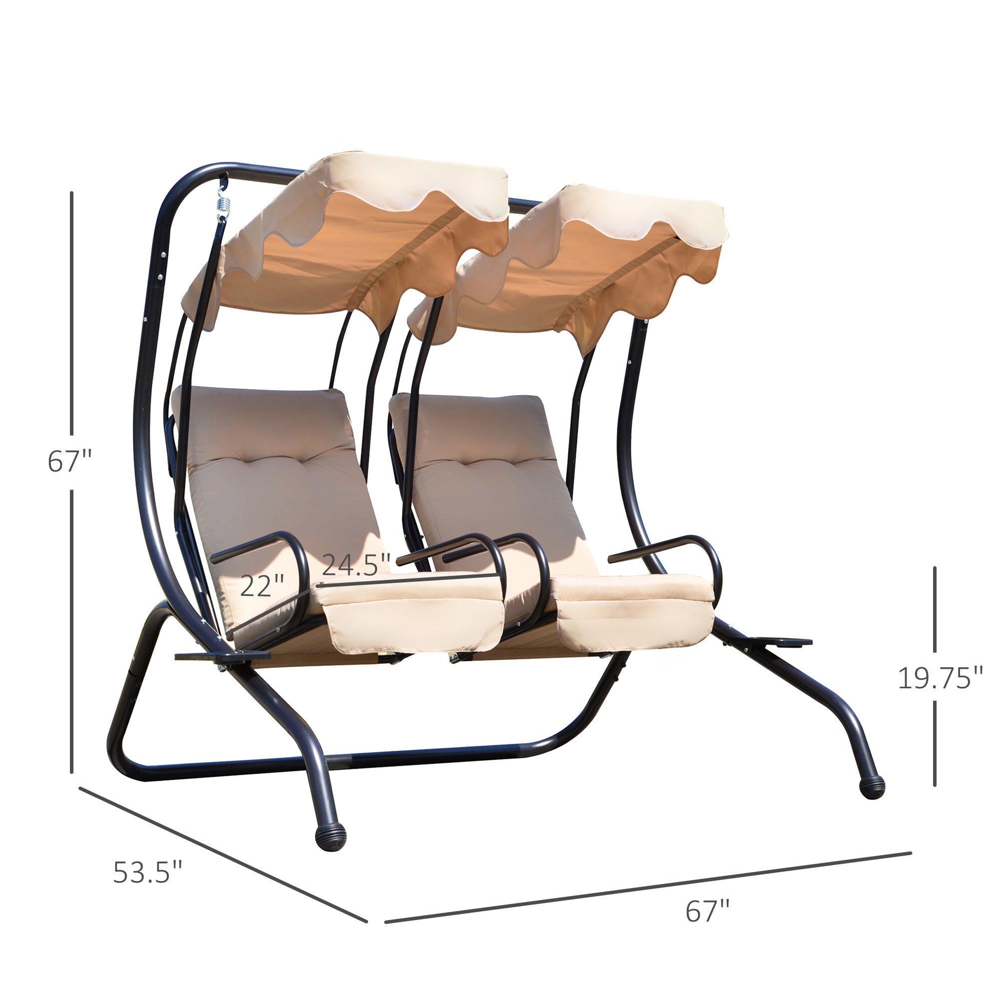 Outsunny Luxury Metal Swing Chair 2 Seater Hammock Heavy-Duty with Canopy Cushions Beige 