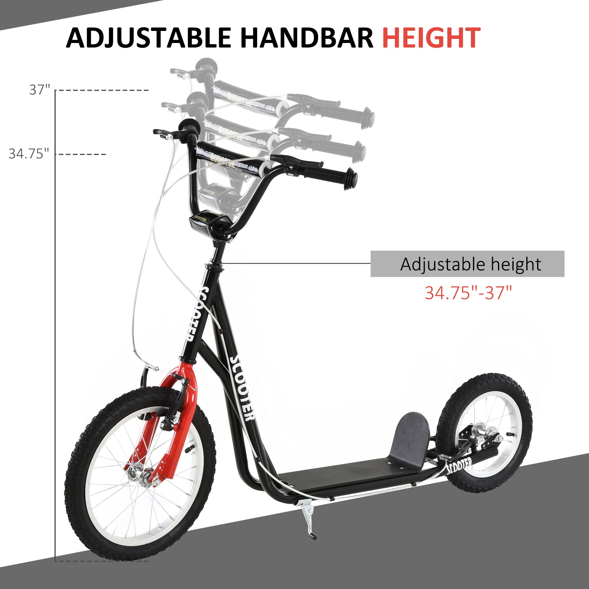 Aosom Teens Youth Kick Scooter Adjustable Handlebar Ride On Toy For 5+ w/ Front and Rear Dual Brakes Inflatable Wheels Black 