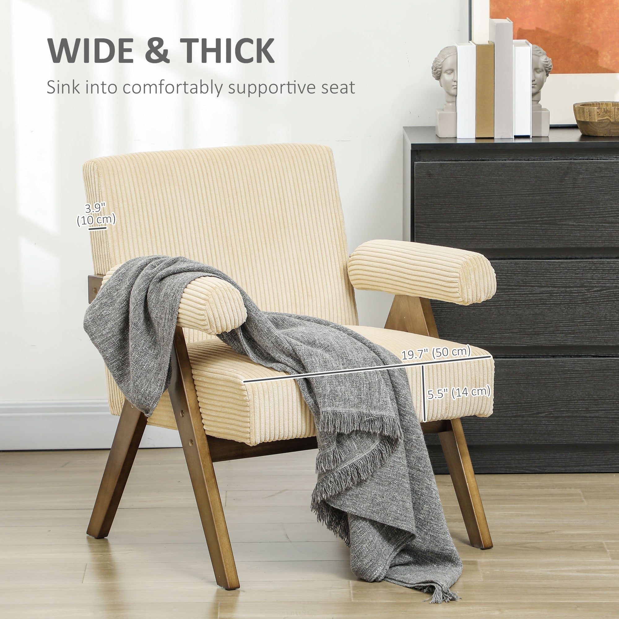 HOMCOM Corduroy Accent Chair Armchair with Wide Seat and Soft Padded Armrests for Reading, Bedroom, Beige 