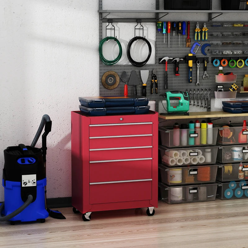 5-Drawer Rolling Tool Cabinet on Wheels, Lockable Tool Chest, Tool Organizer for Garage, Factory and Workshop, Red