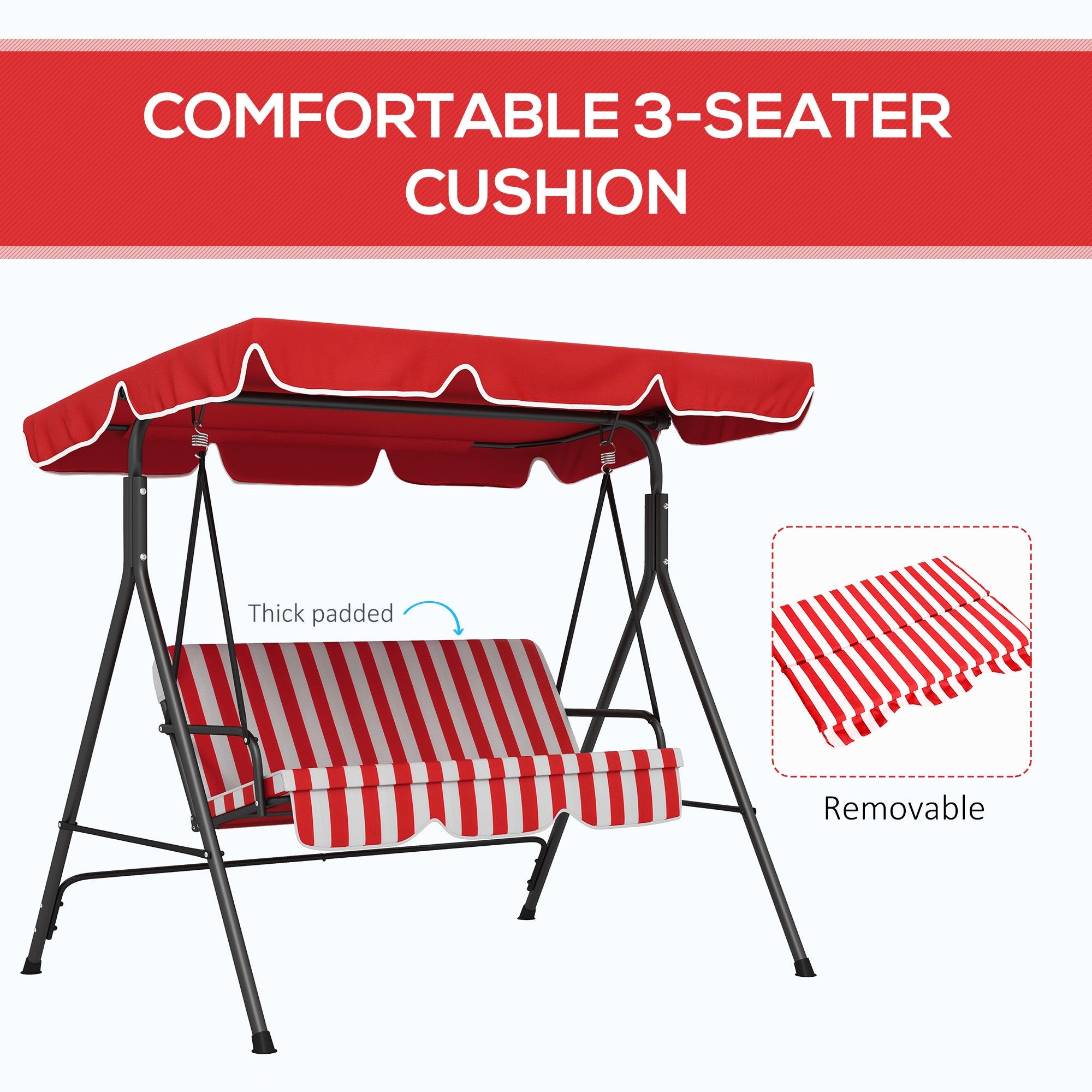 Outsunny 3-Seater Outdoor Porch Swing with Adjustable Canopy, Patio Swing Chair for Garden, Poolside, Backyard, Red 