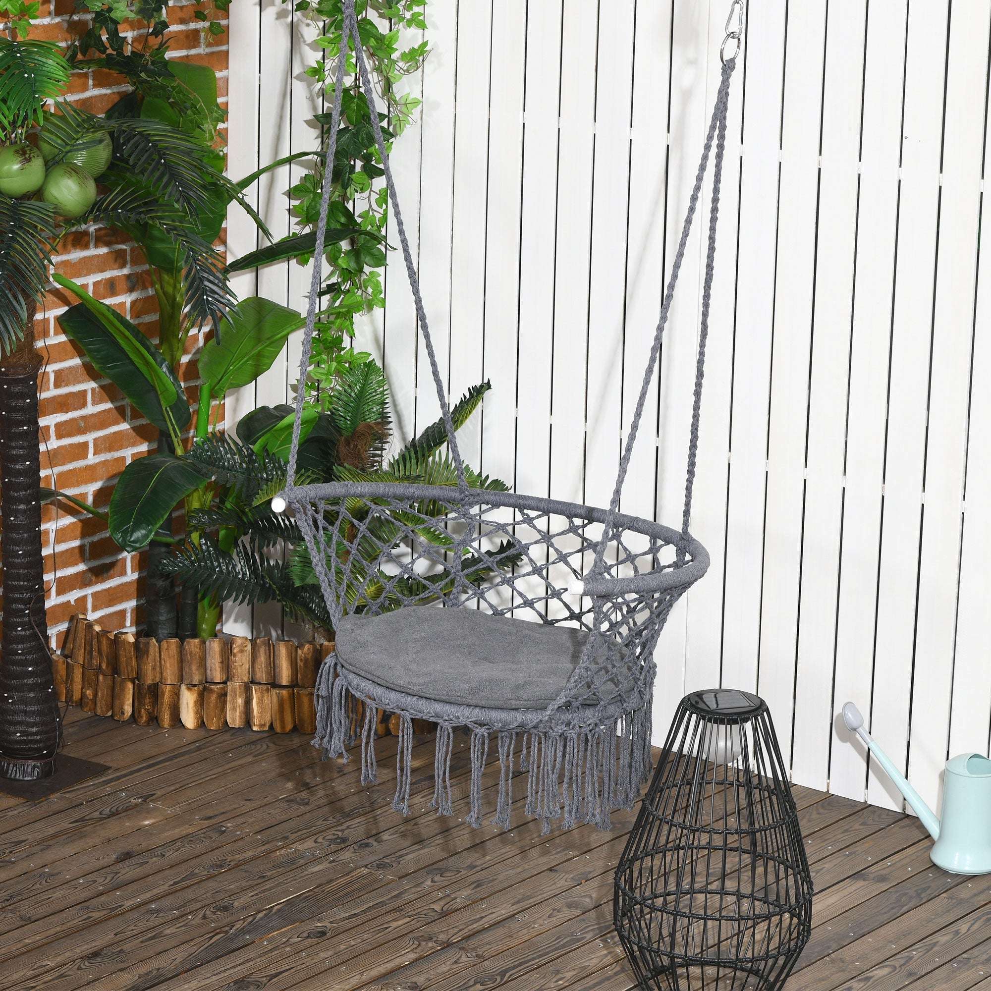 Outsunny Cotton Rope Hanging Hammock Chair Porch Swing with Metal Frame and Cushion Comfortable Dark Grey 