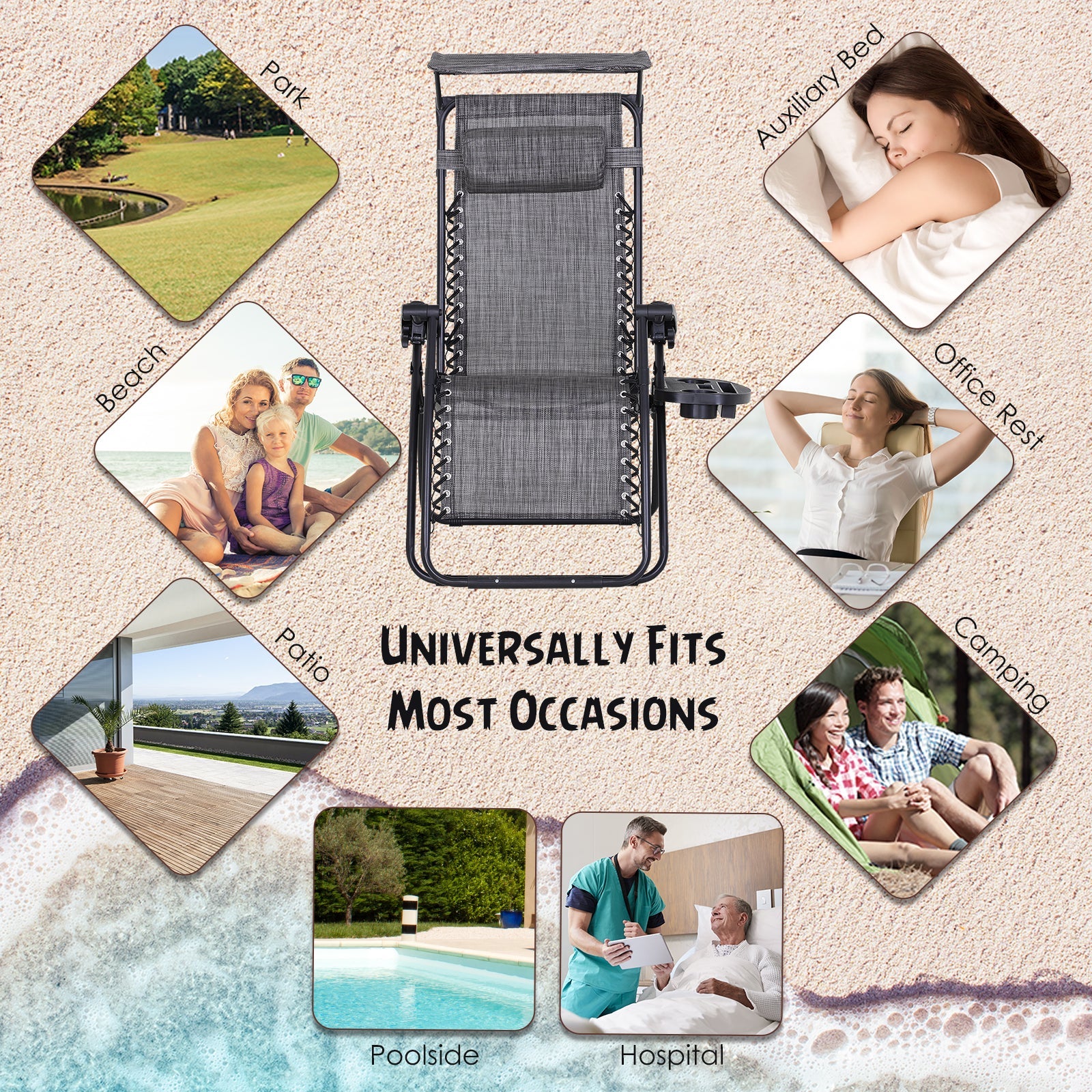 Outsunny 2-Piece Zero Gravity Chair, Adjustable Patio Lounge Chair Reclining Seat W/ Cup Holder & Canopy Shade Dark, Grey 
