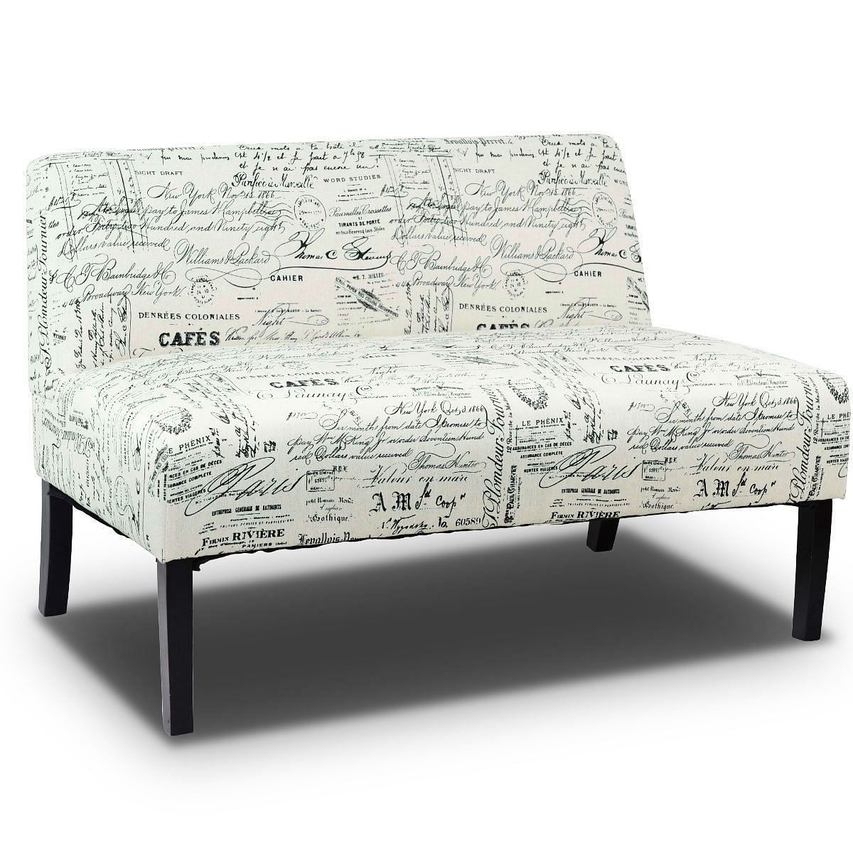 Modern Loveseat Sofa with Off-White Cursive Pattern Upholstery and Black Wood Legs - Free Shipping 