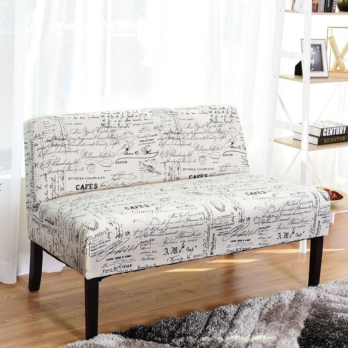 Modern Loveseat Sofa with Off-White Cursive Pattern Upholstery and Black Wood Legs - Free Shipping 