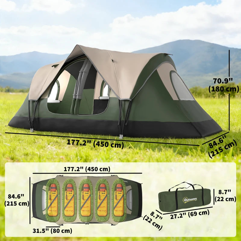 Camping Tent for 6-8 Man with 2000mm Waterproof Rainfly and Carry Bag for Fishing Hiking Festival, Dark Green