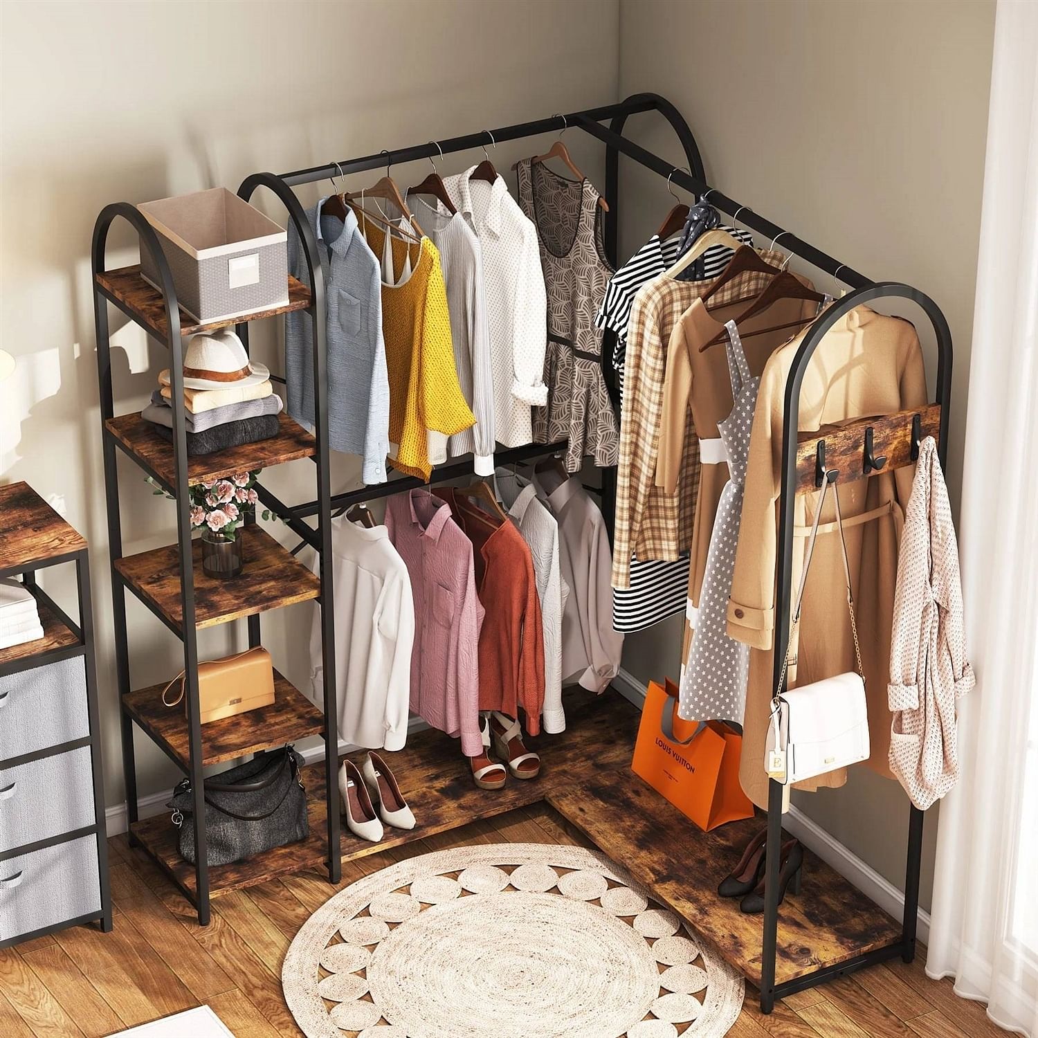 Corner L-Shaped Garment Rack with Clothing Hanging Rods and Storage Shelves - Free Shipping 