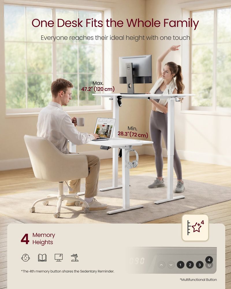 VASAGLE Electric Height Adjustable Standing Desk with Memory Presets & Sedentary Reminder