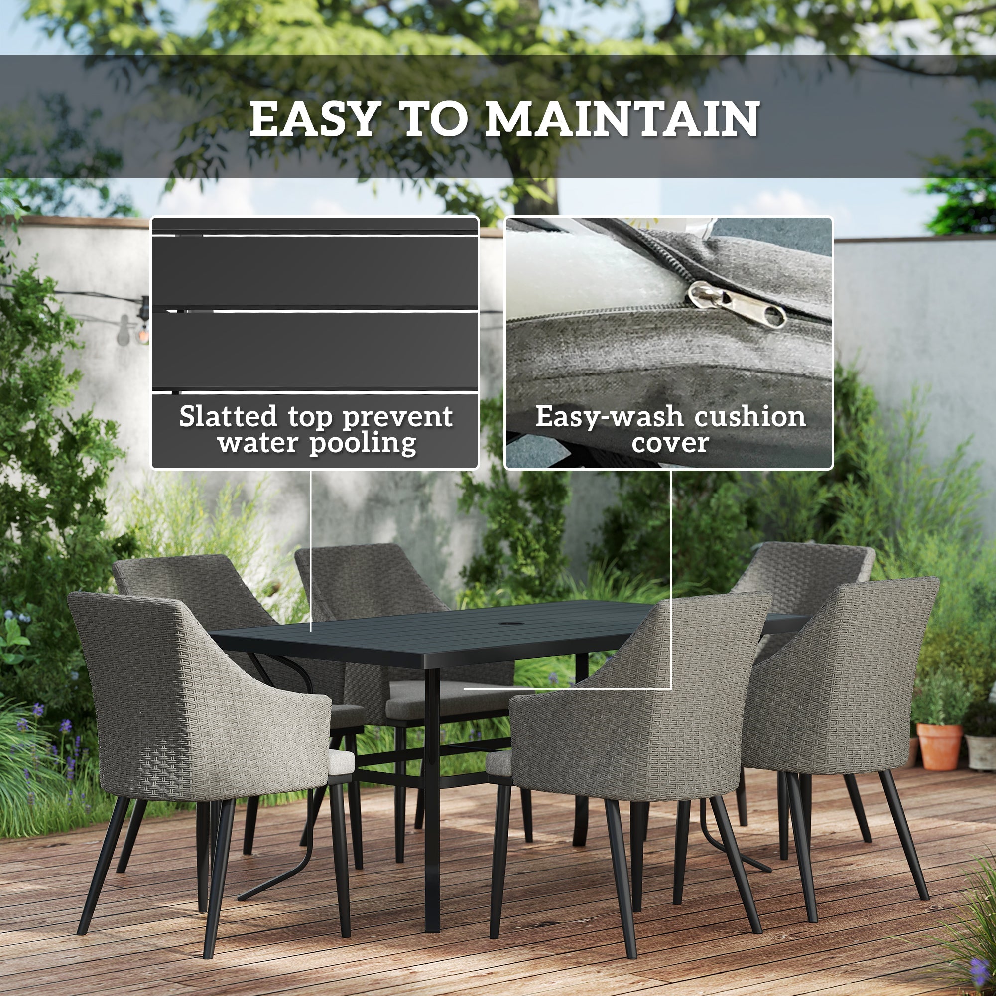 Outsunny 7 Piece Wicker Patio Furniture Set with Cushions, Umbrella Hole, Slatted Table Top, for Backyard, Porch, Garden, Balcony 