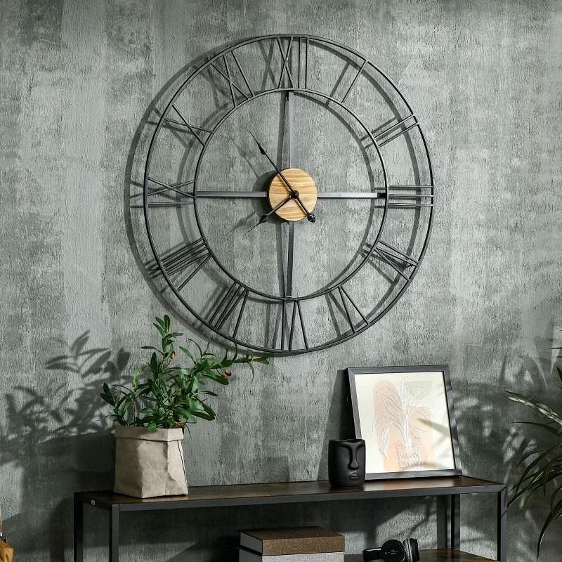 36-inch Metal Silent Wall Clock with Roman Numerals and Wooden Center - Free Shipping 